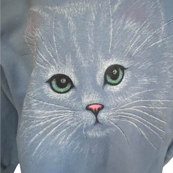 1980s/90s Crewneck Sweatshirt Cat w/Sparkly Gold Whiskers, Rhinestone Green Eyes - Picture 2 of 5